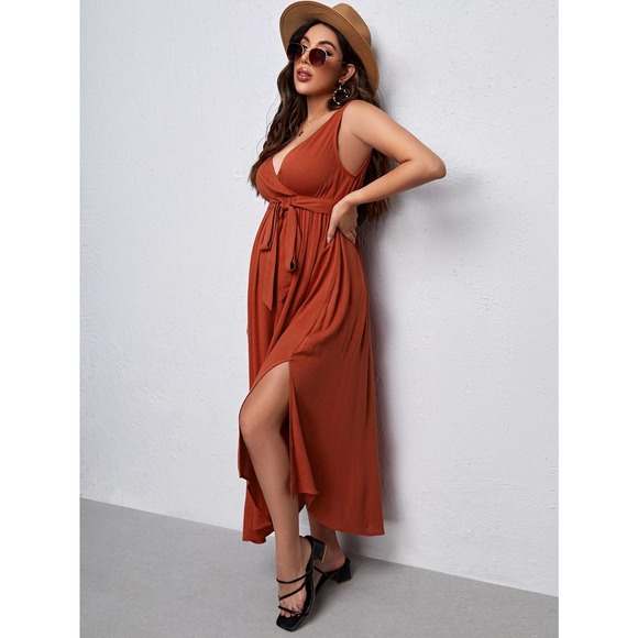 Maternity Solid Split Thigh Belted Dress - Picture 7 of 11